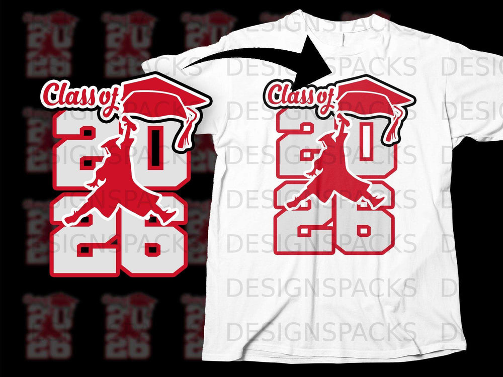 Class of 2026 graphic with a graduation cap and figure on a white t-shirt.