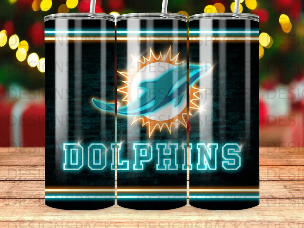 Miami Dolphins logo and text on a black and teal striped tumbler.
