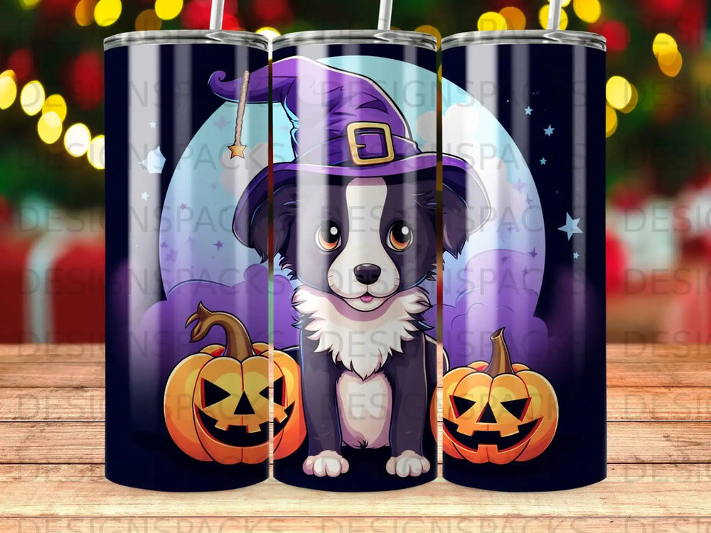 Black and white dog in witch hat with pumpkins, Halloween design.