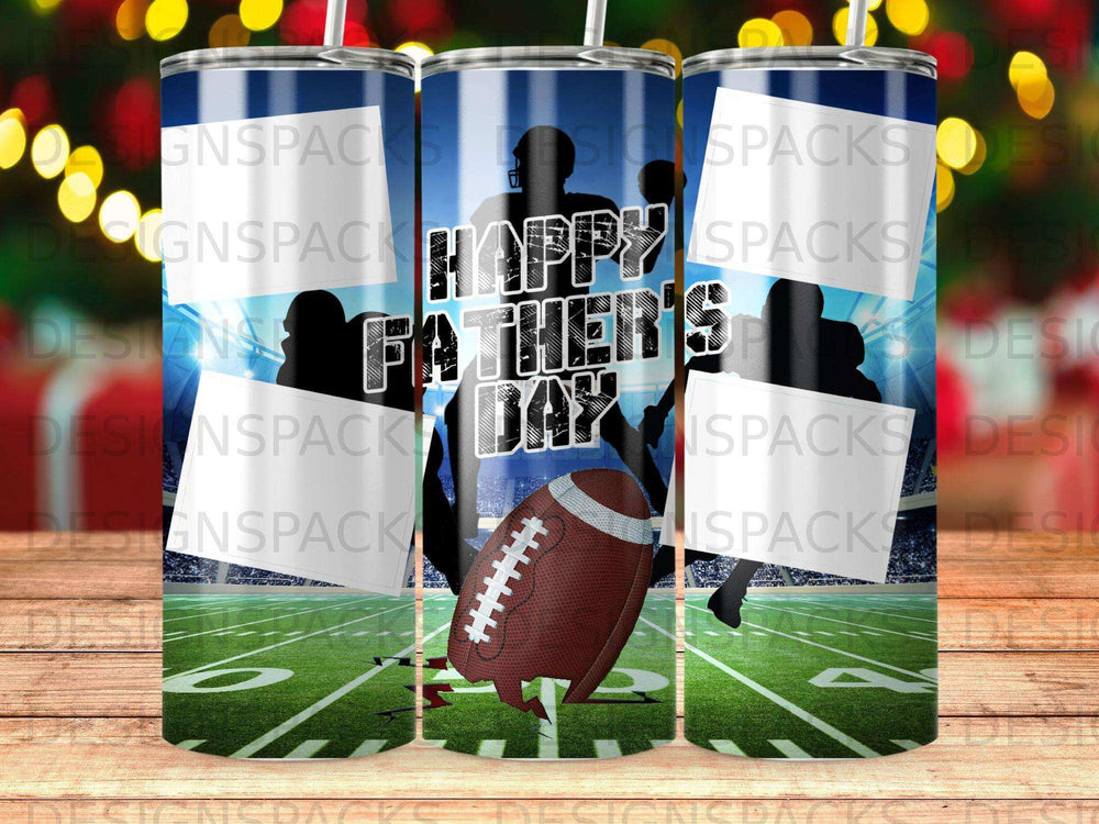 Happy Father's Day tumbler featuring a football on a field.