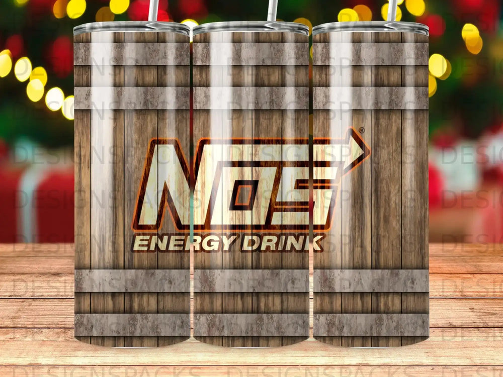 NOS Energy Drink logo on a wooden background tumbler.