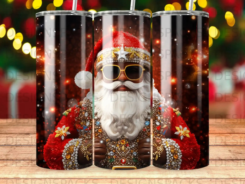 Santa Claus wearing sunglasses and a sparkly red suit on a tumbler.
