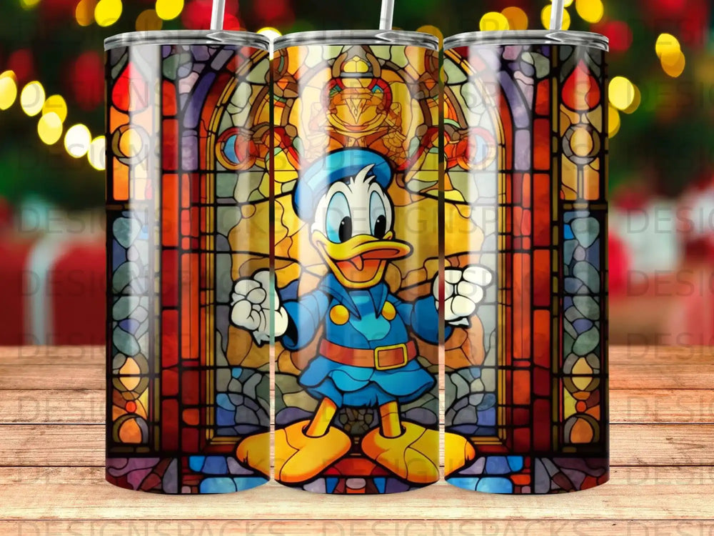 Donald Duck in blue outfit in front of a stained glass window with yellow and red accents.