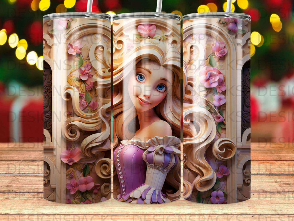 Princess with blonde hair and purple dress in ornate frame with flowers.