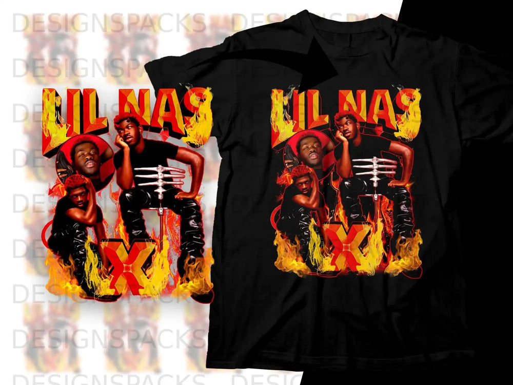 Lil Nas X on black t-shirt with flames and "Lil Nas X" text.
