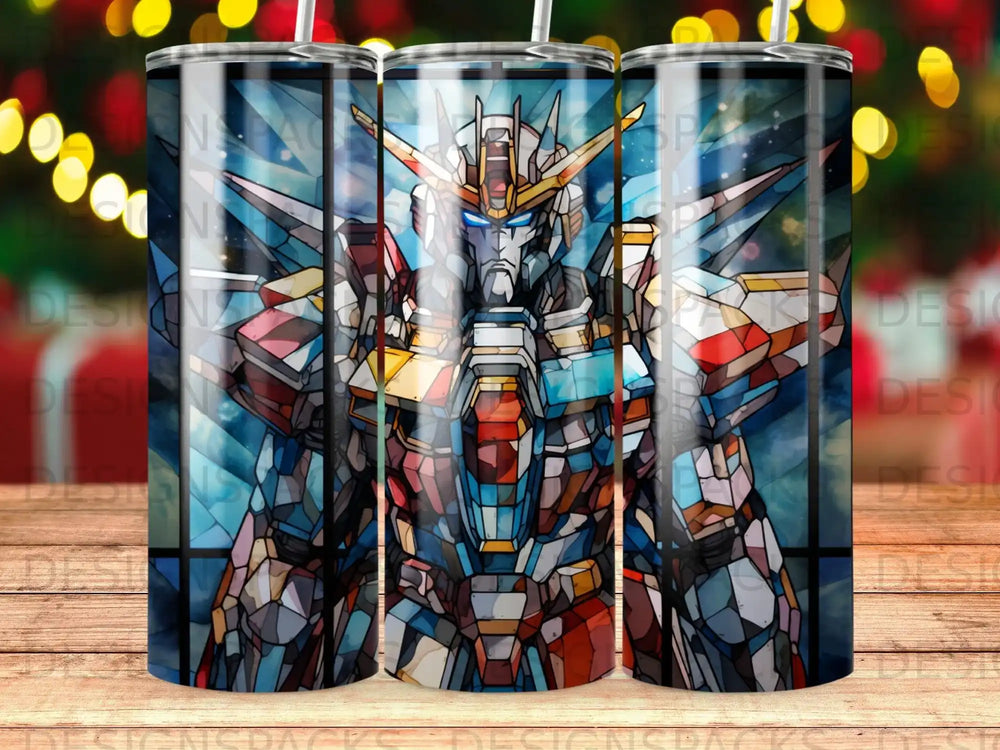 Robot in stained glass style with blue, red, and yellow accents.