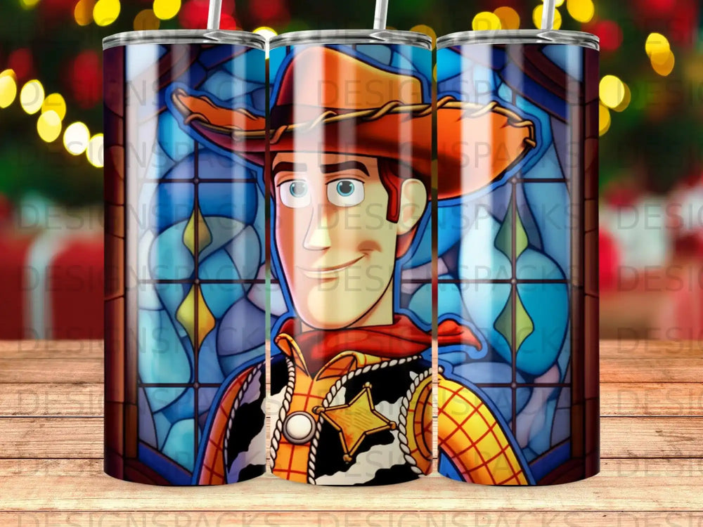 Woody from Toy Story depicted in stained glass style on a tumbler.