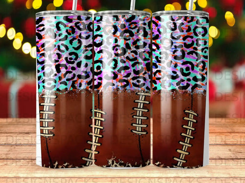 Tumbler with leopard print and football stitching design.