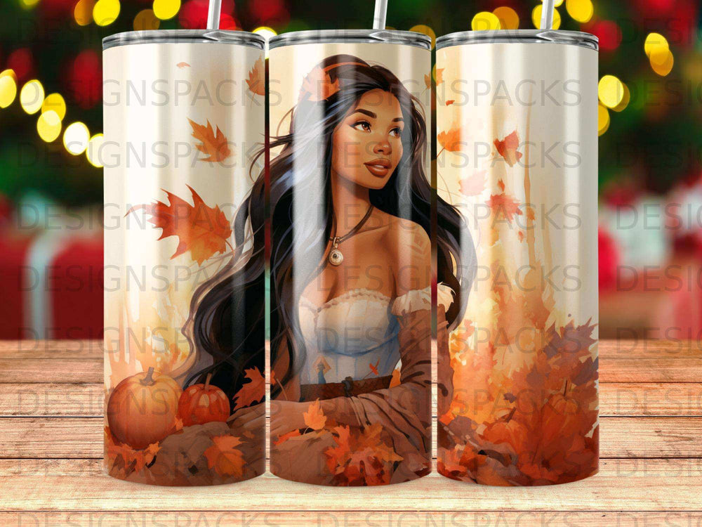 Woman in autumnal dress surrounded by falling leaves, on a tumbler.