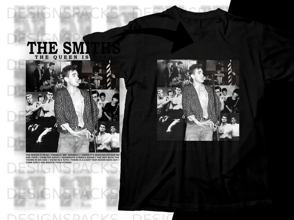 Black t-shirt with "The Smiths The Queen Is Dead" album artwork and tracklist.