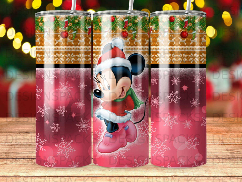 Minnie Mouse in a Santa hat and ice skates, with festive Christmas background.