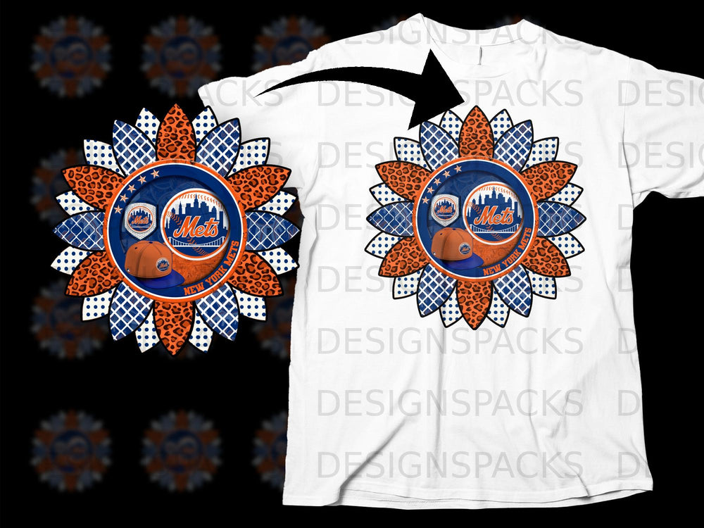 Sunflower design with New York Mets logo and baseball cap on a white t-shirt.
