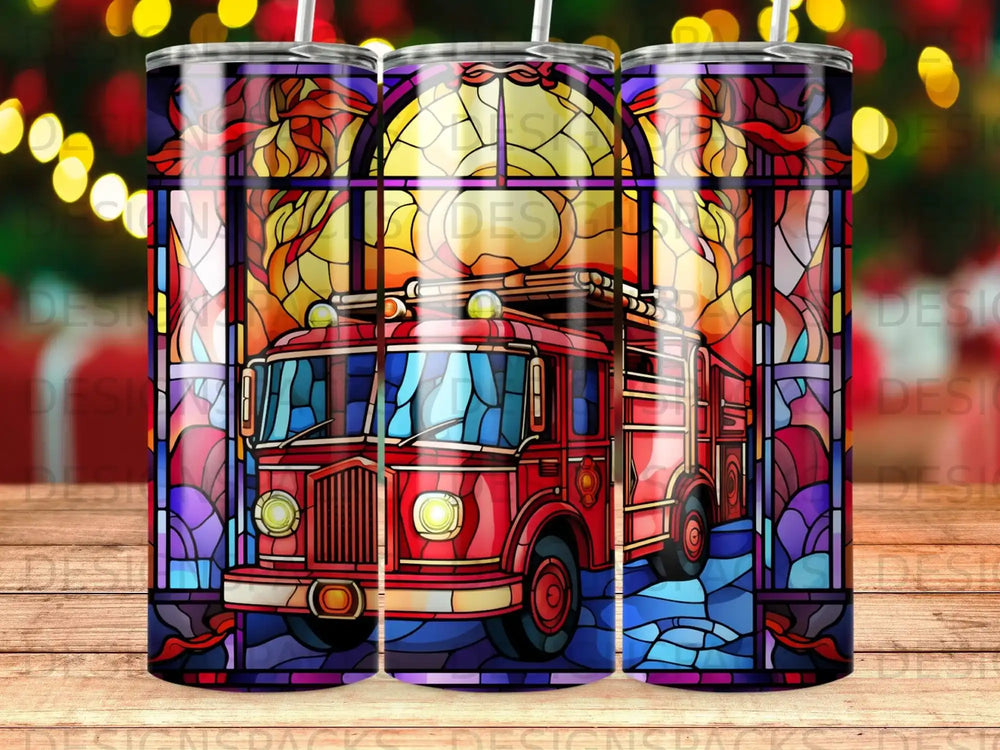 Red fire truck with stained glass accents on a tumbler.