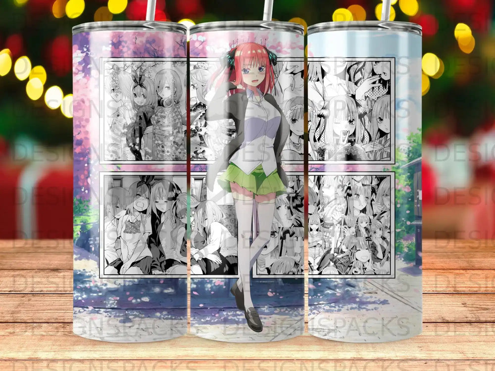 Anime characters in black and white manga panels on a patterned tumbler.