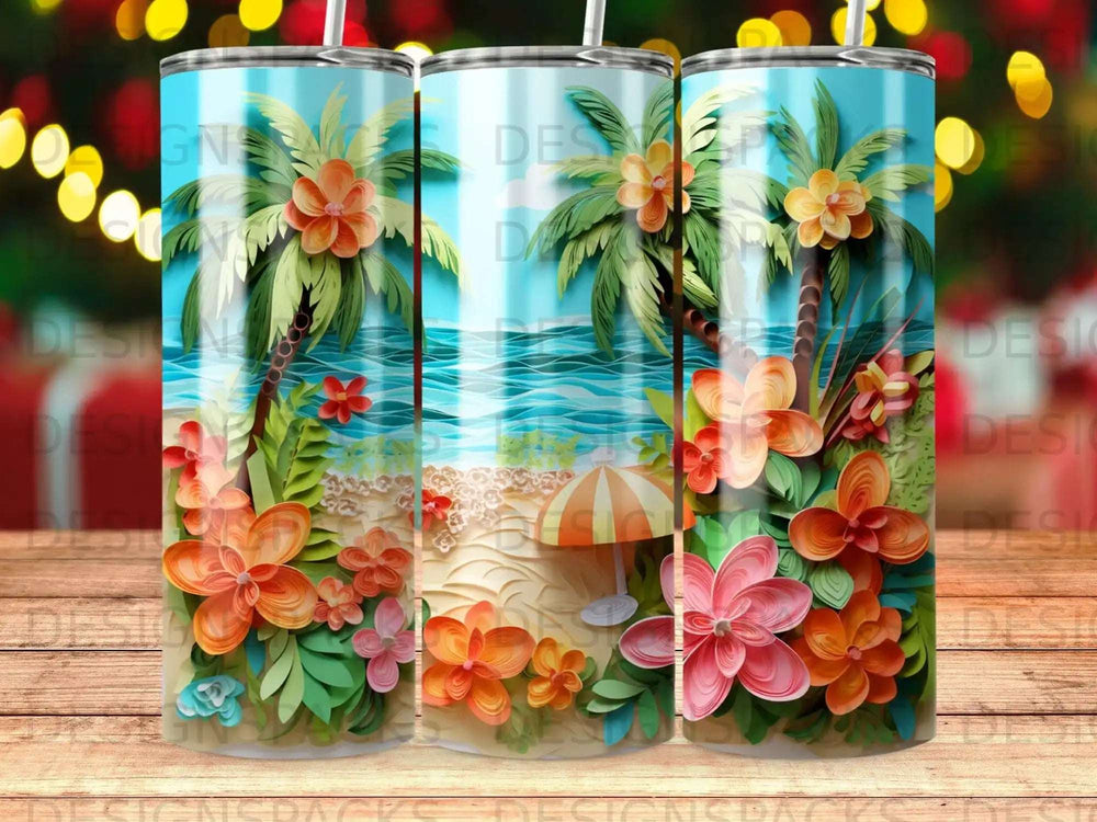 Beach scene with palm trees, flowers, and beach umbrella on a tumbler.