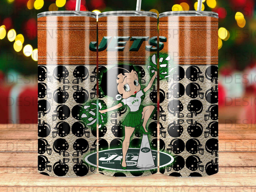 Betty Boop as a New York Jets cheerleader holding pom-poms.