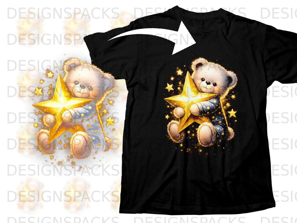 Teddy bear holding a gold star, surrounded by smaller gold stars on a black t-shirt.