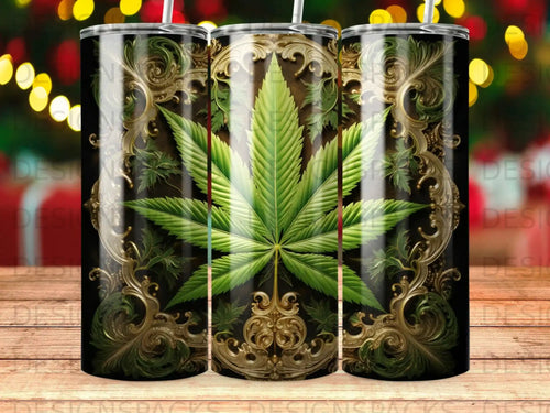 Gold ornate frame surrounding a vibrant green cannabis leaf.