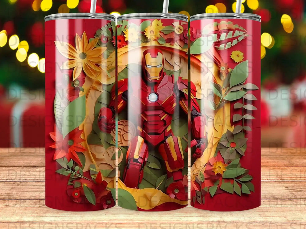 Iron Man in armor surrounded by paper flowers and leaves.