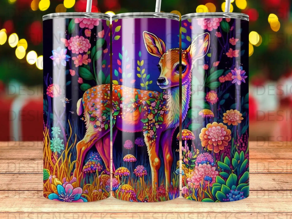 Deer adorned with flowers against a vibrant, dark floral background.