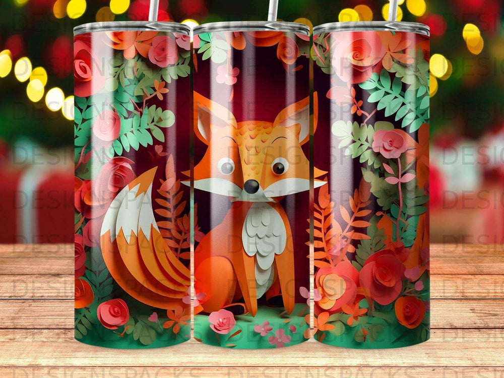 A cartoon fox sits among floral designs with red and pink roses on a patterned tumbler.