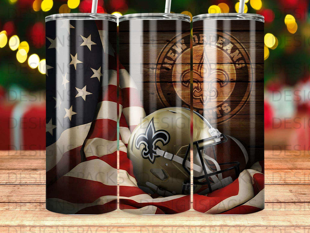 New Orleans Saints helmet and football on American flag background.