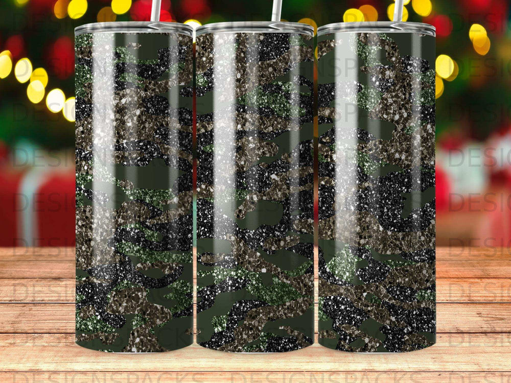 Camouflage glitter tumbler with straws, displayed in a repeating pattern.