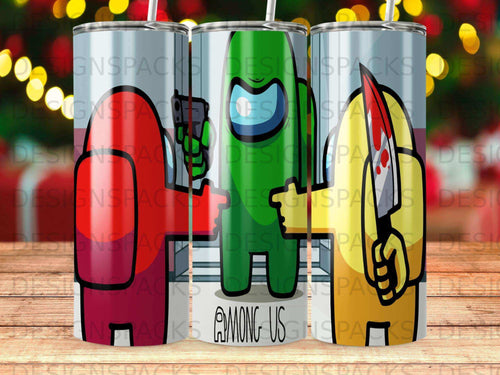 Among Us characters red, green, and yellow, one holding a knife.