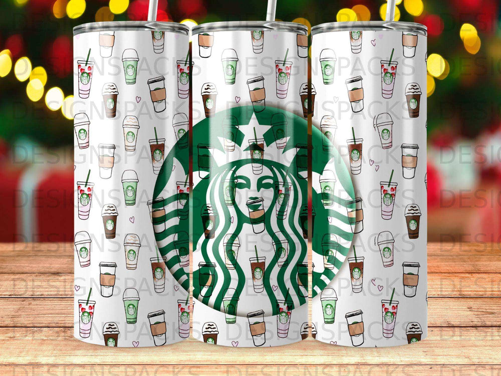 Starbucks logo and cups pattern on a tumbler.