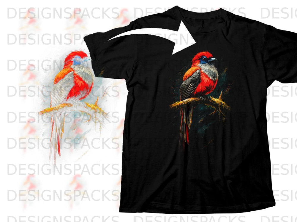 Black t-shirt with a vibrantly colored bird perched on a branch as a graphic.
