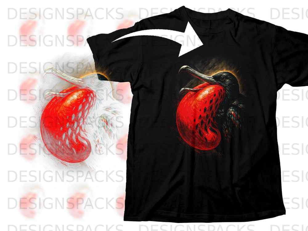 Black t-shirt with a graphic of a bird with a large red throat pouch.