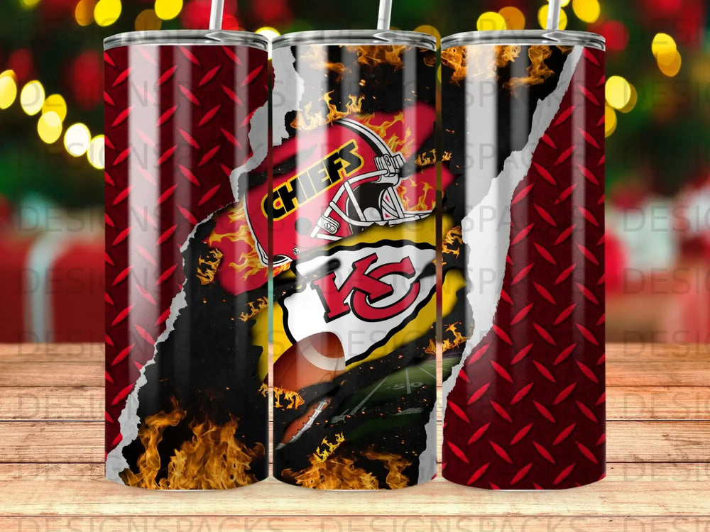 Kansas City Chiefs helmet and football with flames and diamond plate pattern.
