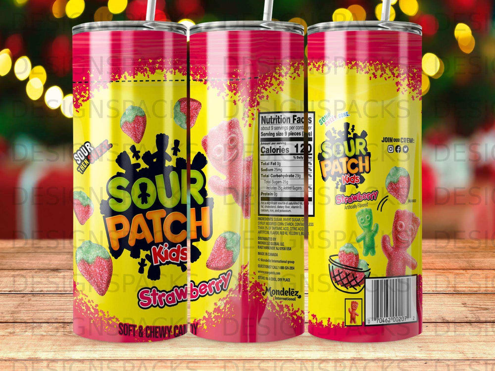 Sour Patch Kids Strawberry candy in a colorful canister with nutrition facts.