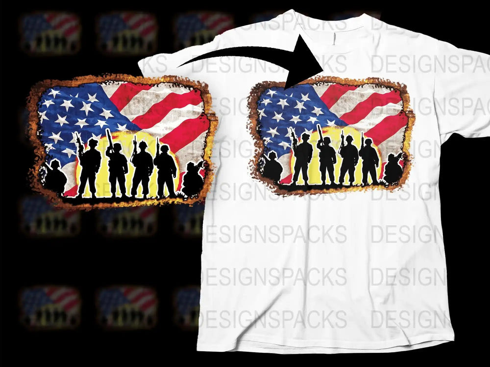 Patriotic T-Shirt with American Flag and Silhouette Soldiers Graphic, Veteran Support Tee