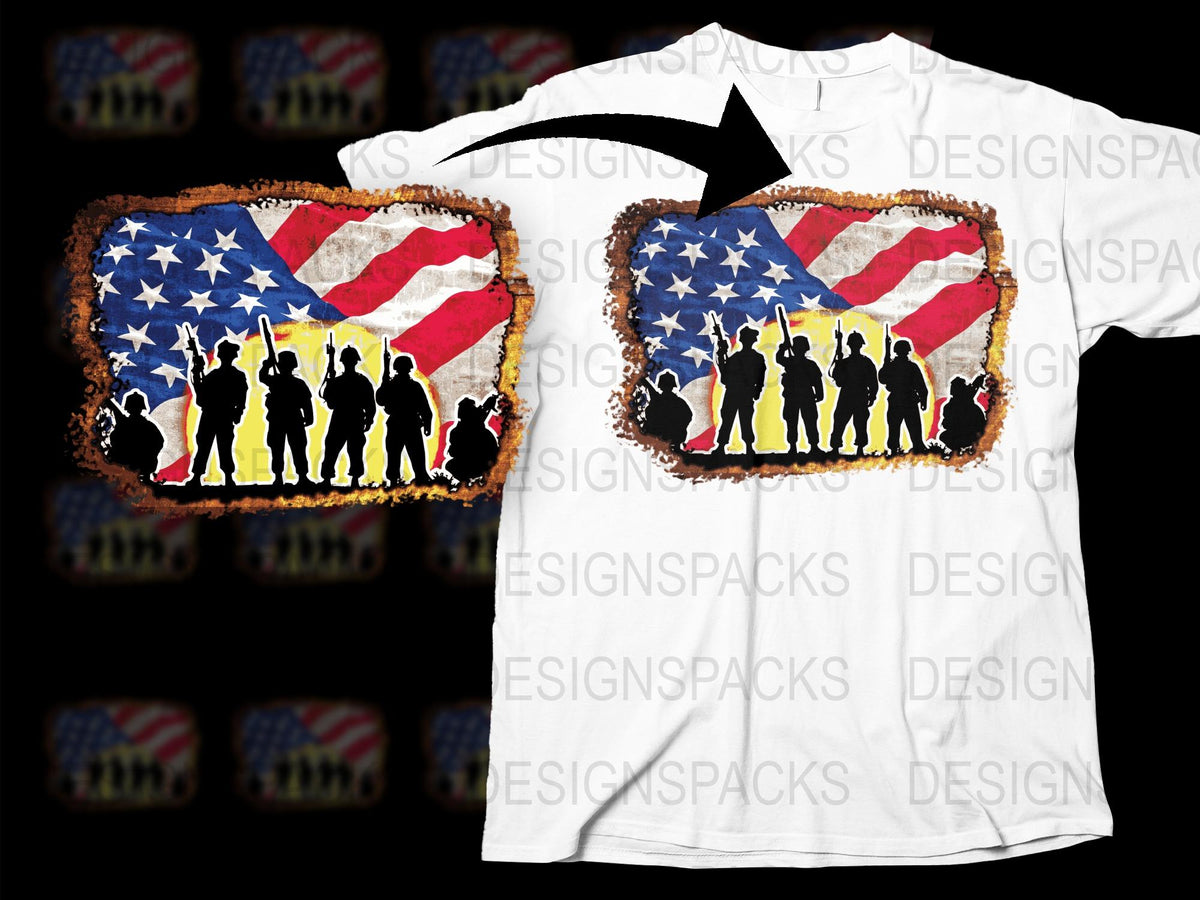 Patriotic T-Shirt with American Flag and Silhouette Soldiers Graphic, Veteran Support Tee