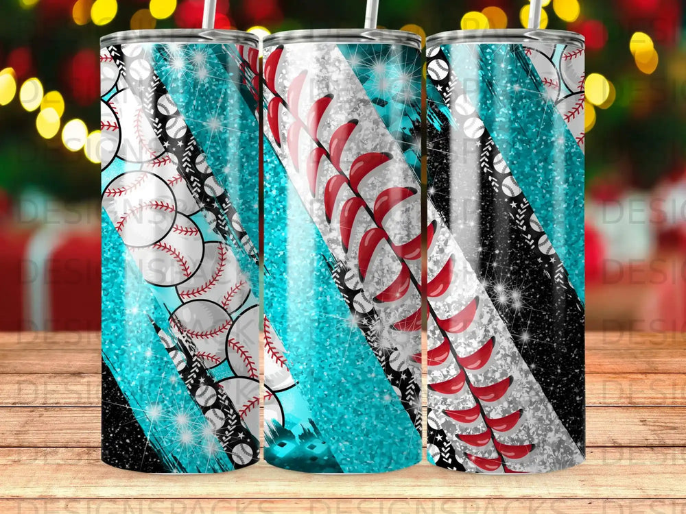 Three tumblers with baseball and sparkling teal, black, and white stripe designs.