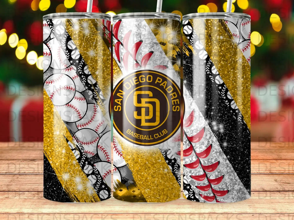 San Diego Padres baseball club logo on a glitter and baseball-themed tumbler.