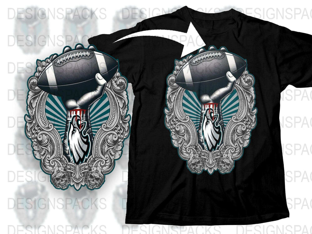 Men's Black T-Shirt with Graphic Football and Tribal Wings Design, Sports Fashion Tee