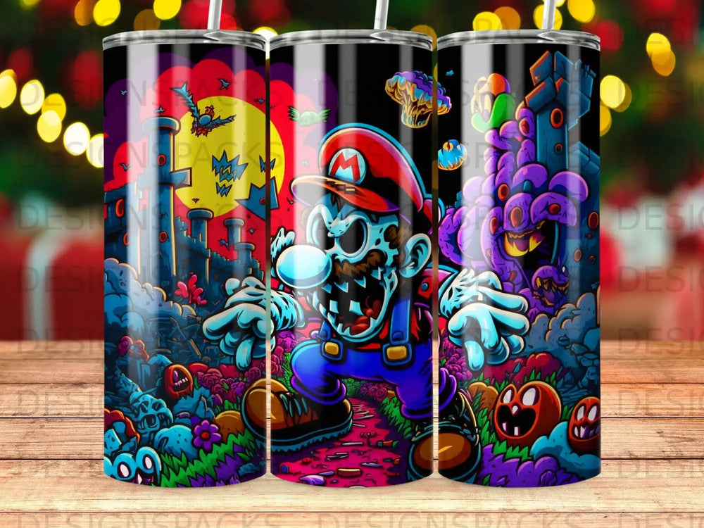 Zombie Mario character in spooky, colorful illustration with Halloween-themed background.