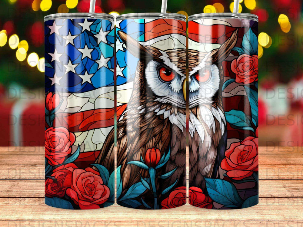 Detailed owl with red eyes against US flag and red roses.