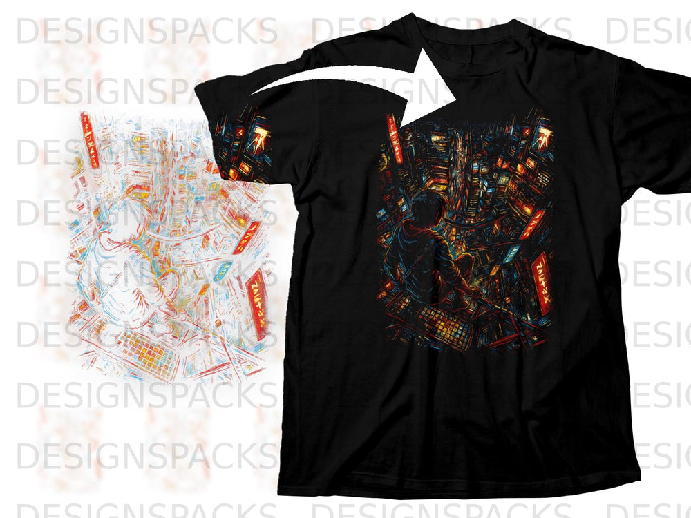 Black t-shirt with a digital art print of a person looking out over a neon city at night.