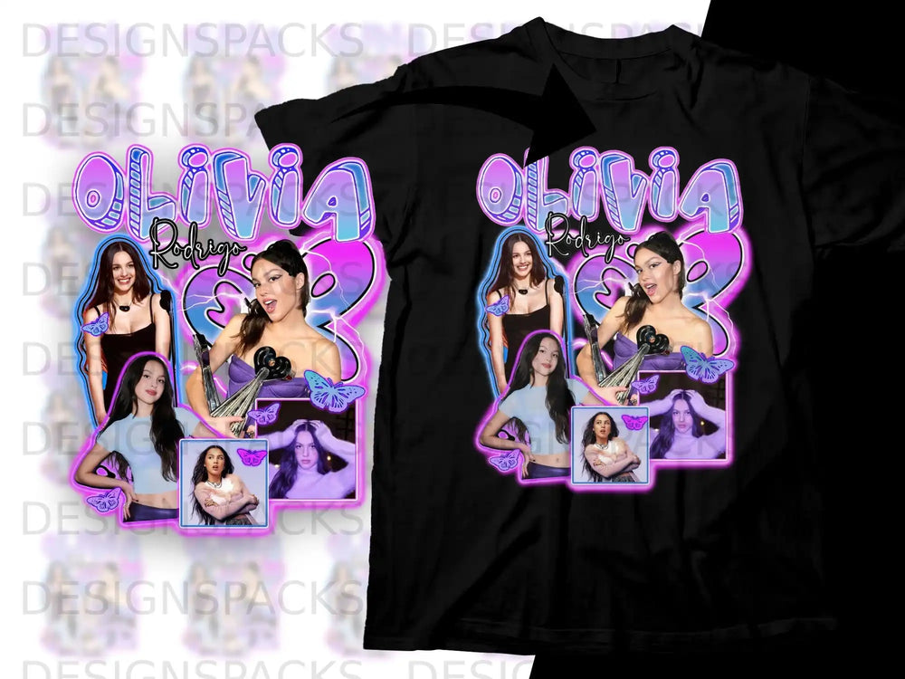 Olivia Rodrigo graphic t-shirt with collage of photos and butterflies.