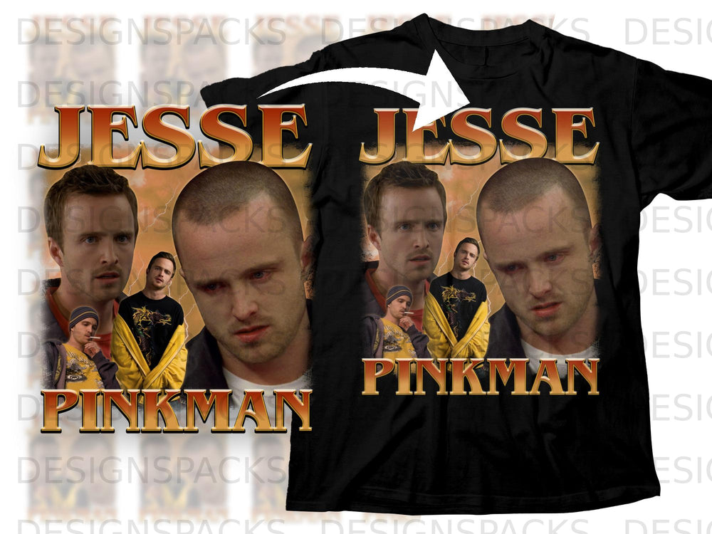 Black t-shirt with "JESSE PINKMAN" text and actor portraits.