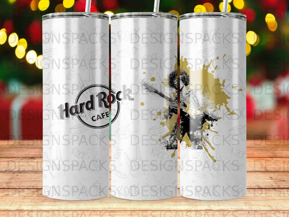Hard Rock Cafe logo on a tumbler with a distressed guitar graphic.
