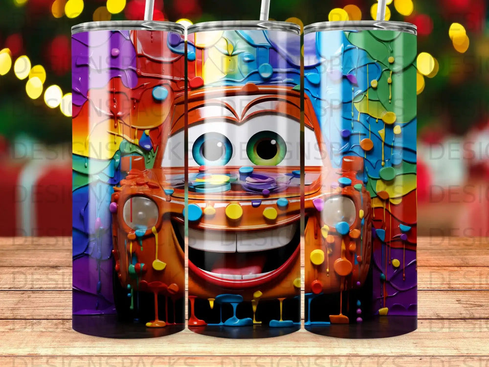 Cartoon car character with colorful paint splashes and large eyes.