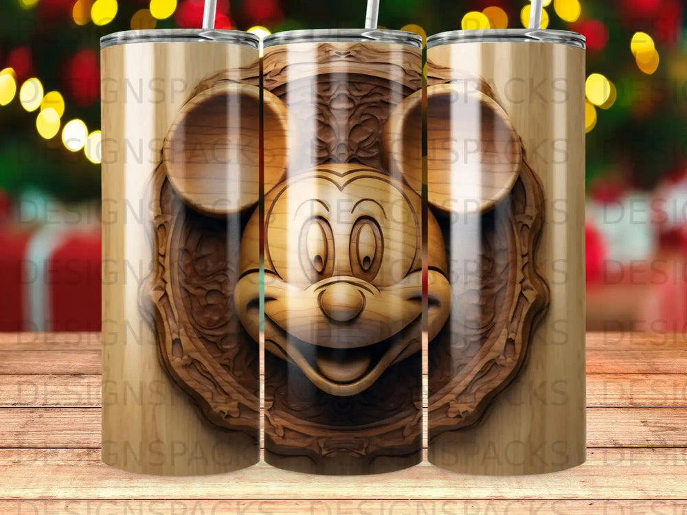 Carved wooden Mickey Mouse head on a tumbler.