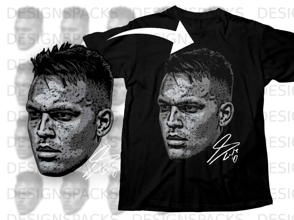 Detailed Illustrated Face Design on Black T-Shirt