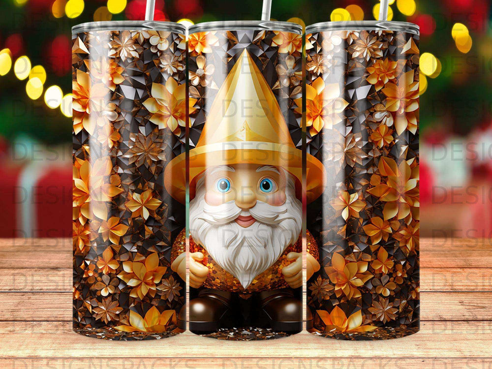 Gnome with golden flower pattern on a skinny tumbler.
