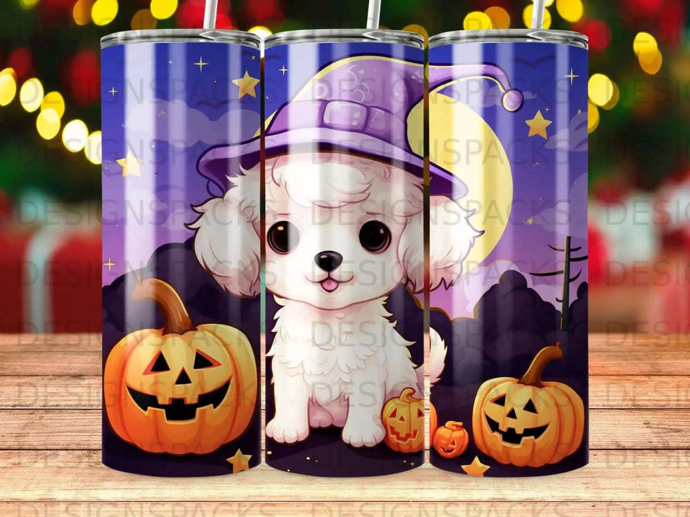 White poodle in witch hat with pumpkins, Halloween design.