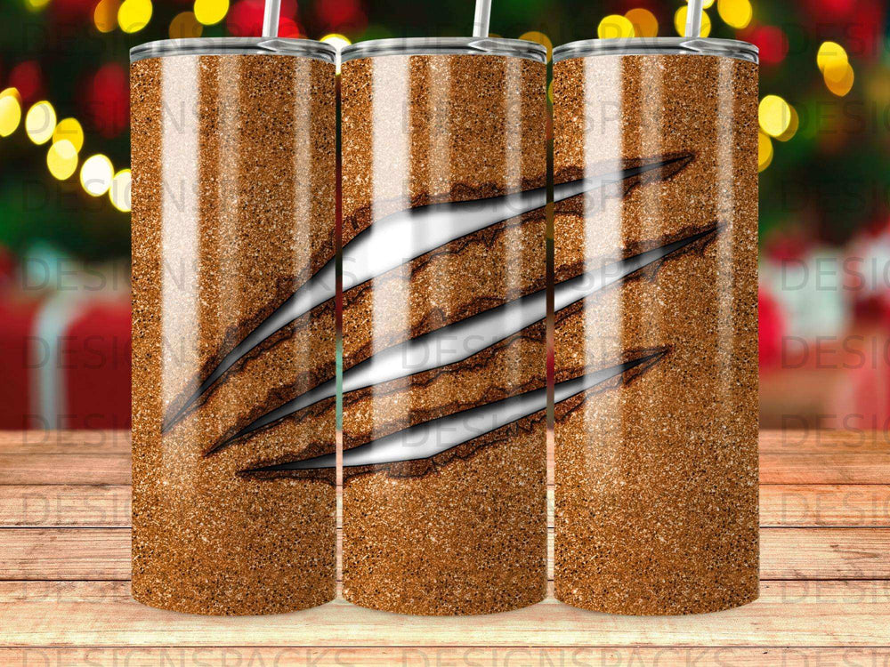 Brown glitter tumbler with dark claw marks across the front.
